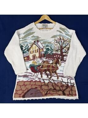 Vintage Heirloom Collectibles Horse Scene Village Knit Sweater Cottagecore Sz M